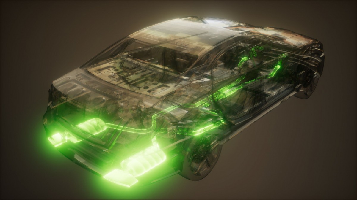 car with image in green neon of exhaust system